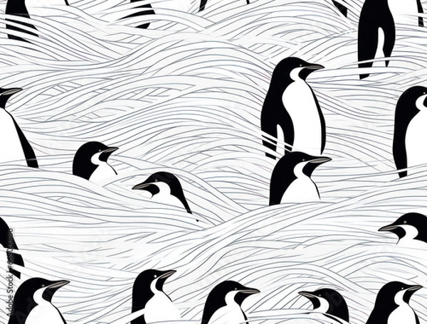Obraz Seamless Christmas Penguin Pattern Scandi Nordic Style, Minimalist background, Tileable seamless Embroidered, pattern for wallpapers, backgrounds, graphic design
