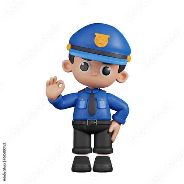 Fototapeta 3d Character Policeman Giving Ok Sign Pose. 3d render isolated on transparent backdrop.