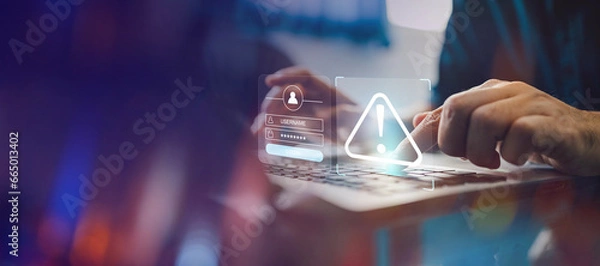 Fototapeta Koncepcja cyberprzestępczości i bezpieczeństwa cybernetycznego. Udaj się za pomocą laptopa i pokaż złośliwe oprogramowanie z e -mailem phishingowym, hakiem hasłem i danymi osobowymi. Hakerzy, trojany wirusowe, oprogramowanie szpiegujące lub złośliwe oprogramowanie.