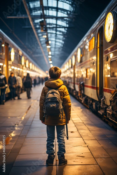 Fototapeta A child with a backpack on his shoulder in a train station, on the platform between the trains. Seen from behind