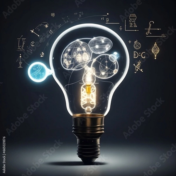 Fototapeta A Conceptual Image of a Brain Inside a Lightbulb, Symbolizing Innovation and the Fusion of Science, Technology, and Art.
