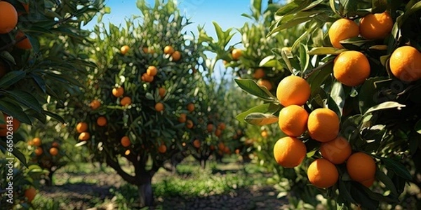 Fototapeta Bountiful harvest. Fresh oranges glistening in sun. Citrus delight. Ripe tangerines on farm. Nature bounty. Juicy orange on sunny day. Orchard serenity. Beauty of spring