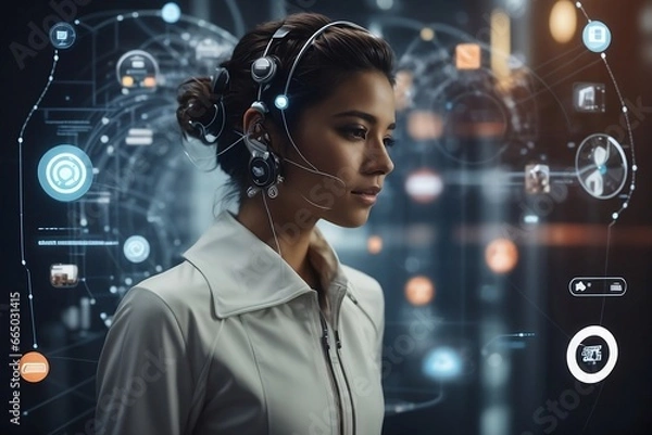 Fototapeta A Photorealistic Image of a Person in Gray Jacket Wearing a Black Headset, Interacting with a Futuristic Interface in Blue and Orange Colors