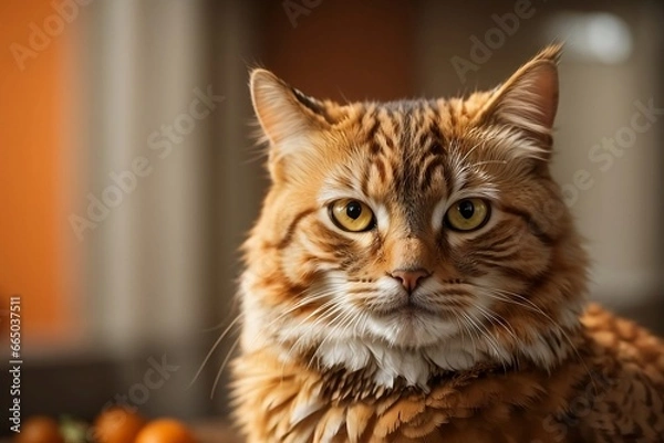 Fototapeta A photo of an orange and white cat with fluffy fur and orange eyes, posing in a kitchen with orange walls.