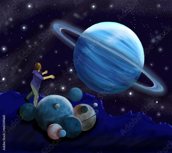 Fototapeta a girl in space launches the planets like frisbees. bright space illustration