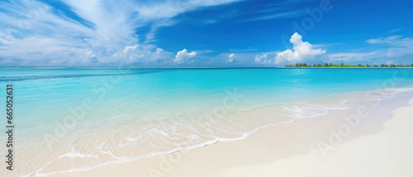 Fototapeta Piękna piaszczysta plaża z białym piaskiem i tocząca się spokojna fala turkusowego oceanu w słoneczny dzień na tle białe chmury na niebieskim niebie. Wyspa na Malediwach, kolorowy idealny panoramiczny naturalny krajobraz.