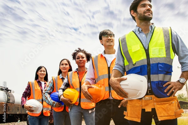 Fototapeta Team diesel railway maintenance depot multiethnic engineers men and women workers various  wearing vests standing in line holding safety helmets standing looking for goals working team for success.