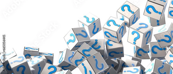 Obraz Blue question mark on white background with empty copy space on left side, FAQ Concept. 3D Rendering