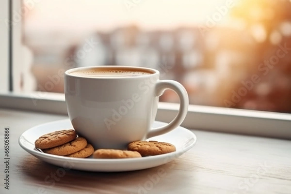 Obraz Cup of cappuccino with cookie in front of the window in the morning sunshine with city view