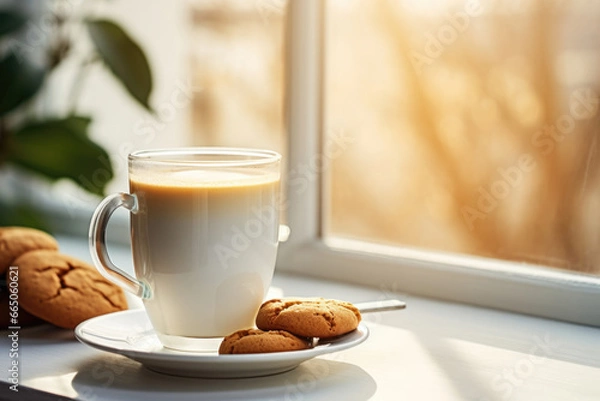 Obraz Cup of freshly brewed hot coffee with milk and cookie in front of the window in the morning sunshine