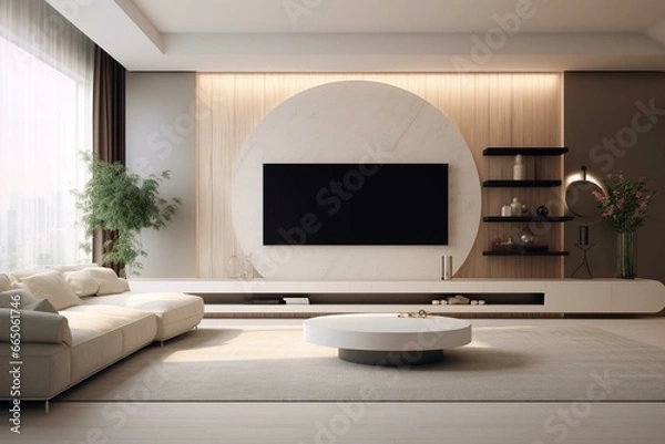 Fototapeta Minimal cream living room with a smart TV on the wall. Generative AI