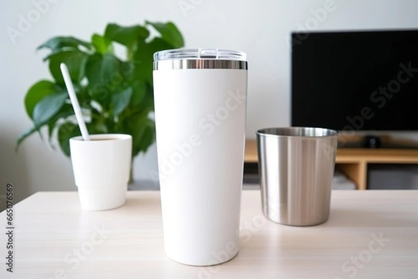 Obraz White stainless steel sublimation blank tumblers with straw, product shot.