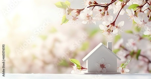 Obraz Toy house and cherry flowers, spring abstract natural background.