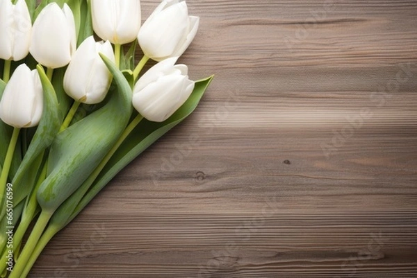 Obraz White tulips on wood table.
