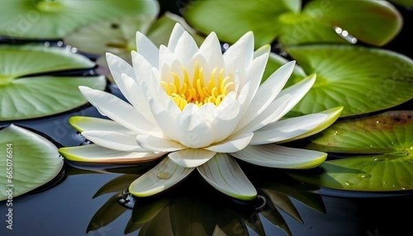 Obraz White water lily. White lotus with leaves on dark pond.