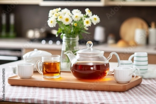 Obraz Wooden tray with teapot, cups of natural chamomile tea and flowers on table.