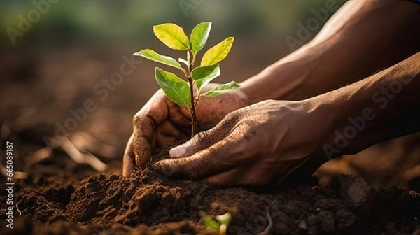 Fototapeta hand hold sapling and soil, backlit, copy space
