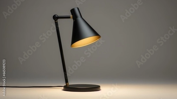 Fototapeta Sleek Illumination: A black lamp in modern Scandinavian style, showcased on a pristine white background. This minimalistic desk lamp adds sophistication to any space