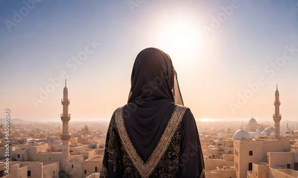 Fototapeta back view of muslim Arab woman was looking at the sun. concept of peace of war. Peaceful realm of dreams. golden hour, dreamscape background, sunset
