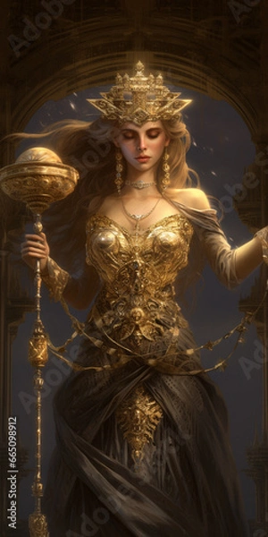 Fototapeta Beautiful woman Goddess Fortuna, The Mistress of Fate and Fortune Throughout the world, few goddesses are surrounded by as much admiration and reverence as the Goddess Fortuna. AI Generative