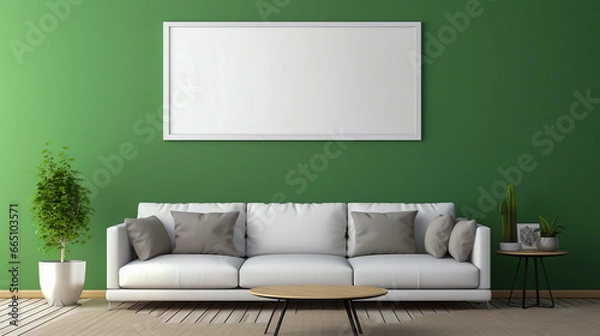 Fototapeta Floating Sofa, Convertible Coffee Table on Hexagonal Tiles, Mock Up Frame on Green Wall. Space-Saving Modern Living Room.