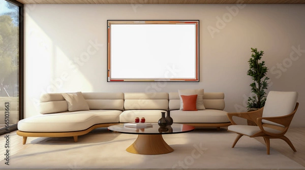 Fototapeta Curved Sofa, Glass Nesting Tables on Shaggy Rug, Mock Up on Artistic Wall. Mid-Century Curvilinear Living Room.