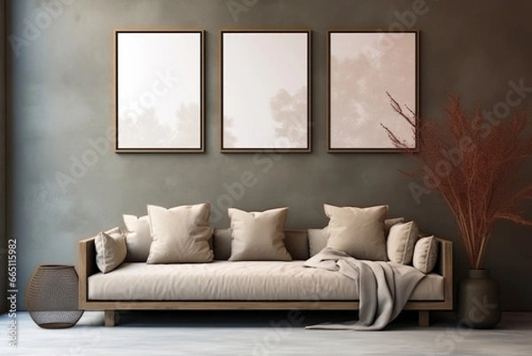 Fototapeta Part of home interior, sofa near wall, picture frames, light and shadow from window