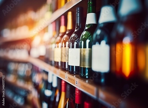 Fototapeta Abstract blur wine bottles on liquor alcohol shelves in supermarket store background.