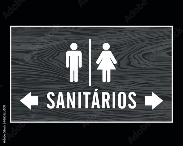 Fototapeta Placa Retângular Sinalização de Sanitários Masculino e Feminino. Arte minimalista com textura de madeira cinza e sinalização em branco.