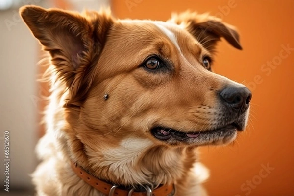 Fototapeta A Close-Up of a Golden Retriever with a Brown Collar and Perked Ears, Gazing at Something Interesting with an Orange Background