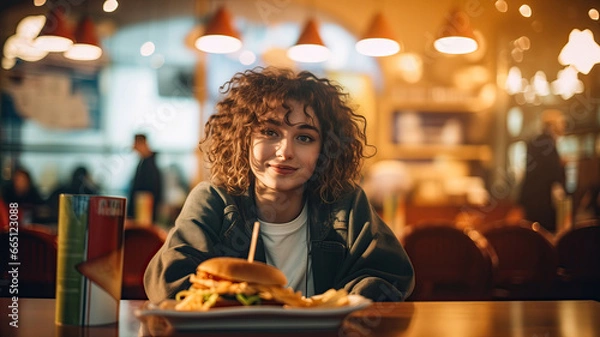 Obraz a girl sitting at a table in a vegan hamburger restaurant eating a hamburger and fries