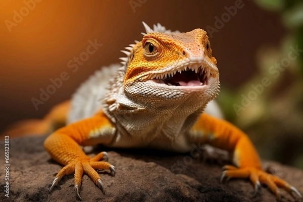 Fototapeta A dragon lizard with a spiny back and a beard, sitting on a rock and looking at the camera, with a blurry green background.