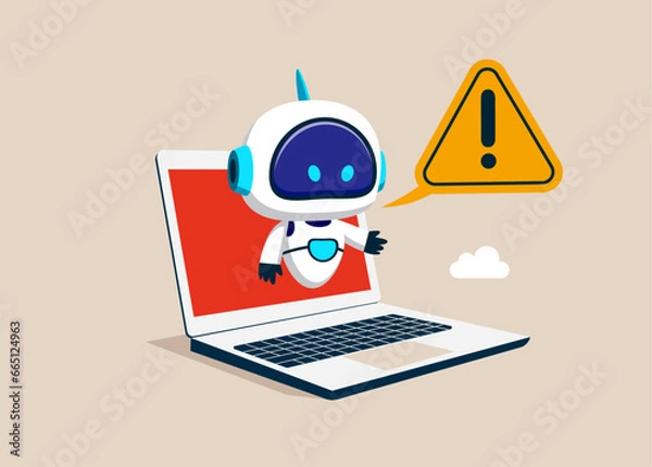 Fototapeta Robot with artificial intelligence says "exclamation attention sign". AI assistant support. Investigate incident and management, analysis. Vector illustration