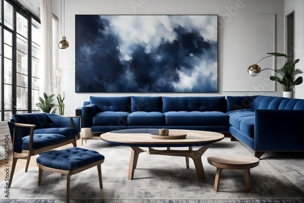 Fototapeta A detailed portrayal of a Canvas Frame for a mockup in a modern living room with a dark blue sofa, juxtaposed with a sleek glass coffee table reflecting the subtle hues of the canvas