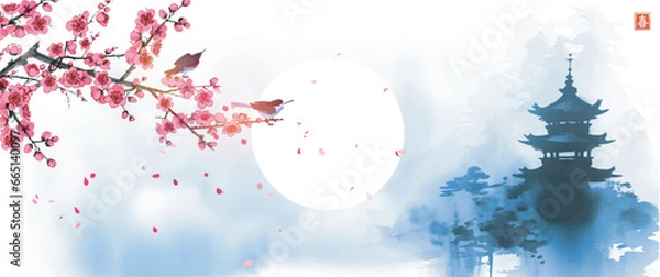 Obraz Landscape with Japanese pagoda, a blossoming sakura cherry blossom branch with two perched birds, set against the backdrop of the sun veiled in mist. Translation of hieroglyph - beauty