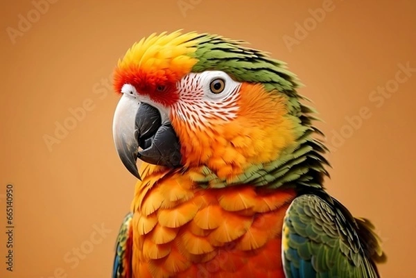Fototapeta  A Parrot with Bright Orange and Green Plumage, Facing the Camera, Featuring a White and Red Facial Pattern and a Curved Grey Beak, Against a Solid Orange Background