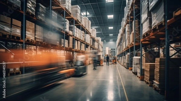 Obraz Long exposure of warehouse aisle with fast-moving machinery and worker overseeing operations in motion blur