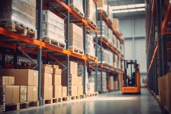 Fototapeta Close-up of storage shelves with stacked boxes in a modern warehouse with a forklift in the background
