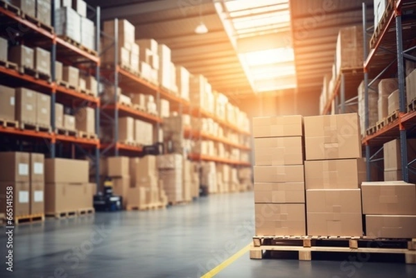 Obraz Large warehouse interior with rows of shelves and stacked cardboard boxes illuminated by sunlight