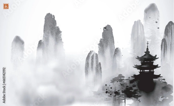 Obraz  Ink painting depicting a pagoda temple and majestic mist-shrouded mountains. Traditional oriental ink painting sumi-e, u-sin, go-hua. Translation of hieroglyph - eternity