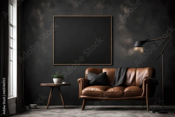 Fototapeta An intimate portrayal of a Canvas Frame for a mockup in a modern living room, capturing the mood set by a leather armchair's silhouette and the dark cement wall's raw appeal