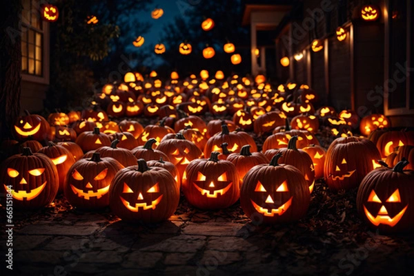 Fototapeta multiple jack o lanterns on a dark background