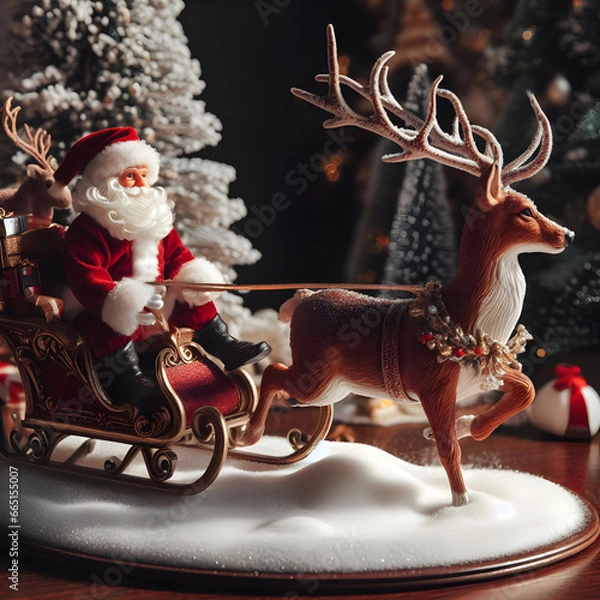 Obraz santa claus with reindeer and sleigh