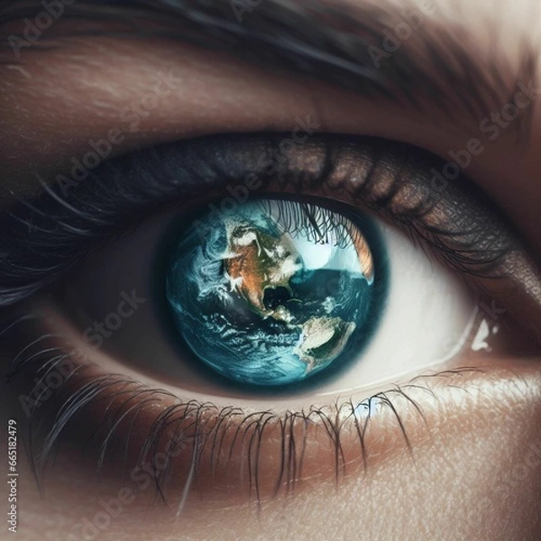 Fototapeta an eye with the reflection of planet earth. IA Generativa