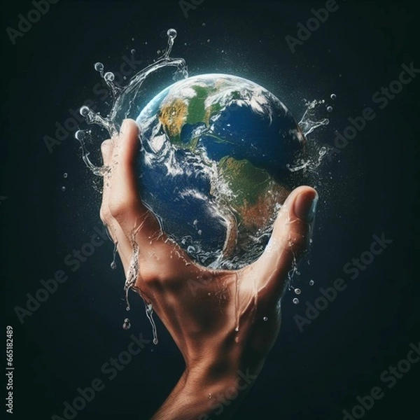 Fototapeta Hands holding planet earth and spreading water. IA Generativa