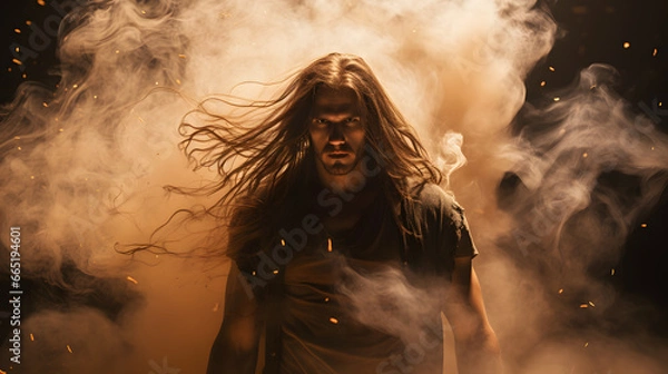 Obraz Muscular fighter man with strong expression coming out of dust smoke