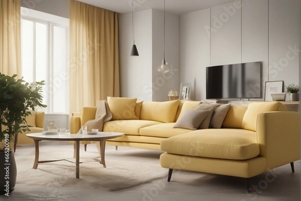 Fototapeta Sunny Serenity: The Interior of a Light Yellow Modern Room Featuring a Comfortable Sofa for a Warm and Inviting Space