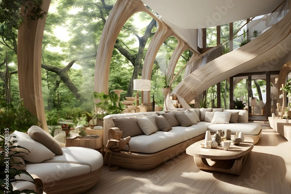 Fototapeta a very spacious living room surrounded by windows and trees - scandinavian decoration - generative AI