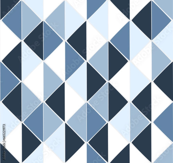Fototapeta Mid century contemporary seamless print design. Retro geometric sheeted tile. Modern abstract pattern with triangles. Mosaic grid template. Blue-toned bathroom tile hand drawn flat vector illustration
