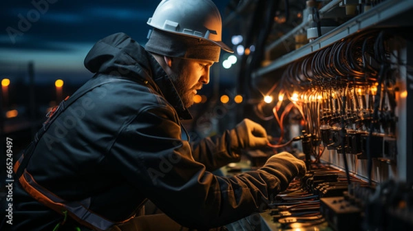 Fototapeta Technician doing maintenance at 5G antenna tower
